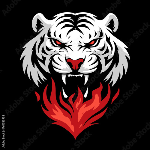 Dynamic White Tiger Head Vector Mascot Illustration with Intense Red Eyes and Fiery Flames. Powerful Wildlife Digital Art on Black.