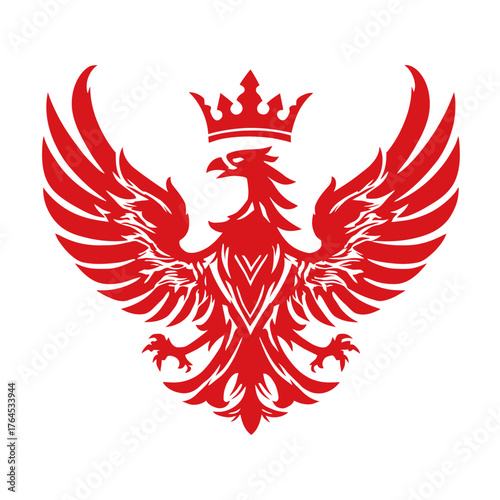 Red crowned eagle heraldic emblem with outstretched wings, a powerful and royal vector design symbolizing strength and authority.