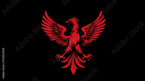 Majestic Red Phoenix Bird Illustration with Spread Wings against a Dark Black Background, Mythical Creature Symbol of Rebirth