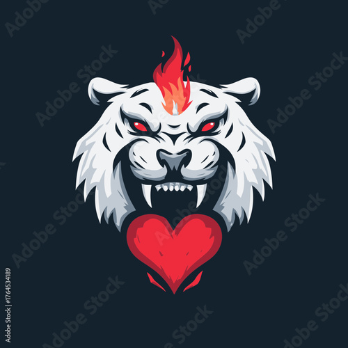 Furious White Tiger Head Mascot with Flaming Mane and Red Heart in Mouth - Powerful Graphic Vector Illustration