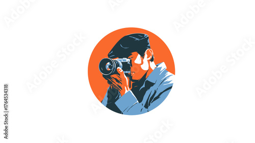 Graphic illustration of a photographer holding a camera in a minimalist circular frame with an orange background, perfect for icons or logos