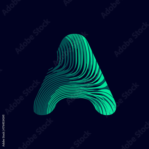 Stylized letter A with fluid green-blue gradient lines on dark background. Abstract digital typography design, modern dynamic wavy pattern.