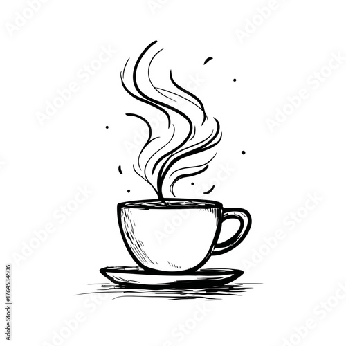 Hand-drawn sketch of a steaming hot coffee or tea cup on a saucer, doodle style black and white ink illustration.
