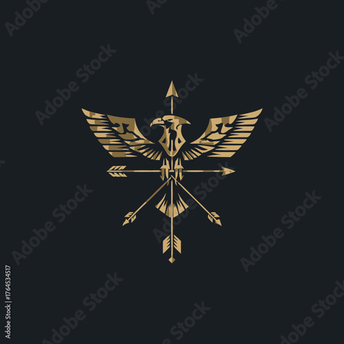 Majestic golden eagle emblem with arrows. Stylized heraldic crest, symbol of power, accuracy, and freedom on dark background.