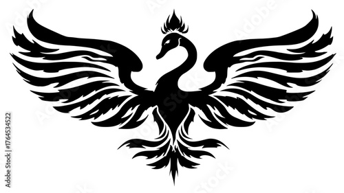 Stylized black phoenix bird silhouette with spread wings, mythological creature symbol, graphic illustration, isolated on white background