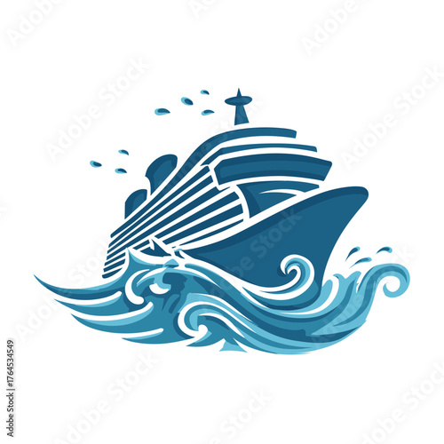Luxury cruise ship vector illustration sailing on wavy blue ocean waters, representing sea travel, vacation, and nautical adventures.