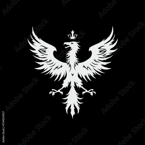 Stylized white phoenix with crown on black background, majestic mythical bird emblem, elegant heraldic design