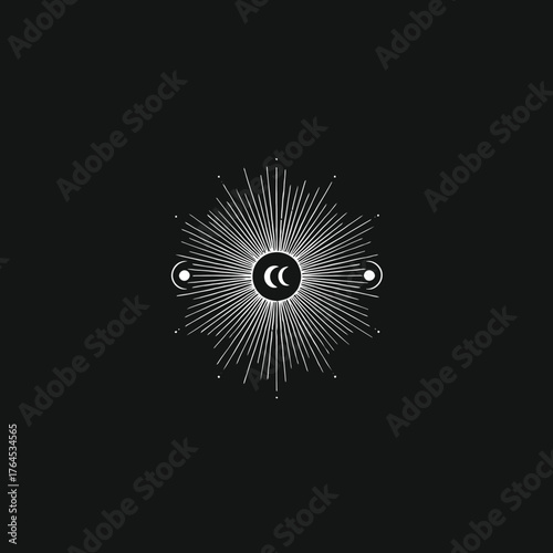Mystical celestial sunburst design with crescent moons. Spiritual cosmic symbol illustration on dark background, occult astrology icon.