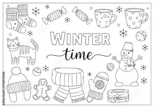 Winter time coloring page book for kids Snowman, cat, and festive winter elements illustration