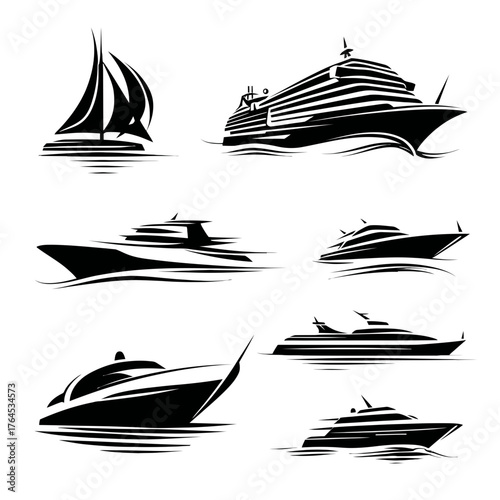 Vector set of various watercraft illustrations: elegant sailboat, large passenger cruise ship, and luxury motor yachts and speedboats.