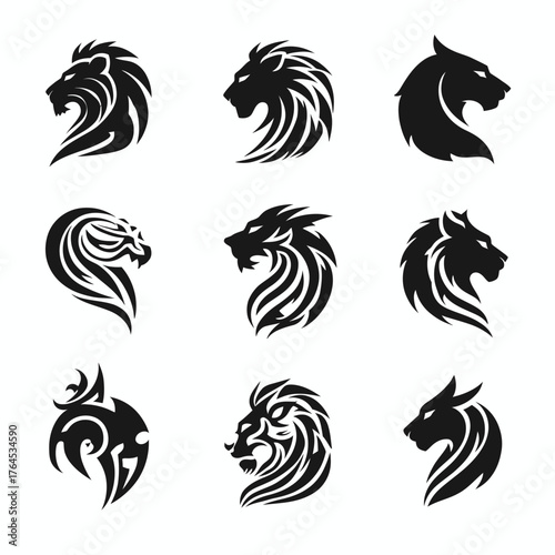 Set of powerful stylized lion head silhouettes, fierce big cat tribal tattoo designs, vector emblems, mascot graphics collection.
