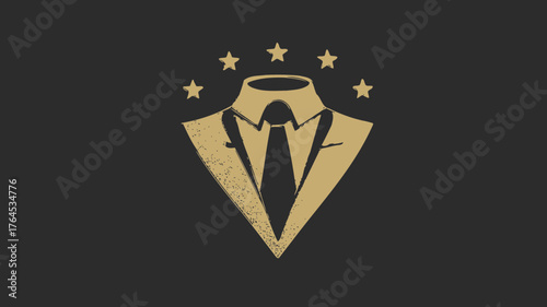 Premium gold suit, shirt & tie vector with five stars. Elegant, luxurious, quality, professional, VIP concept on dark background.