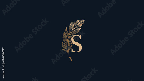 Elegant golden feather illustration with initial 'S' on a dark navy blue background, vintage style classic design element.