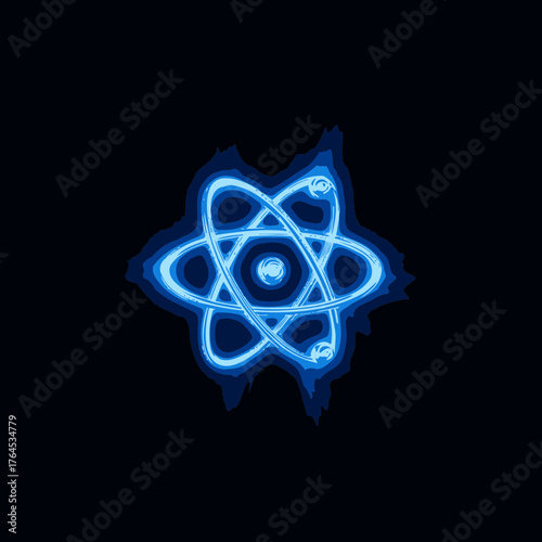 Vibrant blue glowing atom symbol on a dark background, illustrating atomic structure, science, energy, technology, and physics concepts.