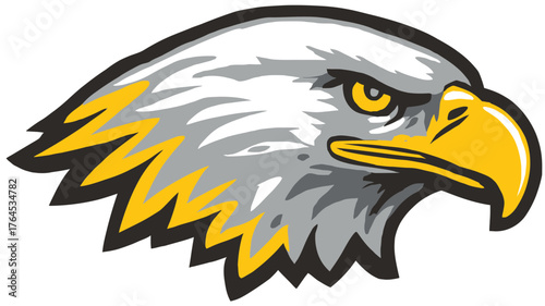 Powerful stylized eagle head illustration with intense gaze, featuring white feathers, yellow beak, and gray details. Majestic bird emblem.