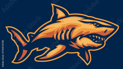 Fierce orange shark mascot illustration with sharp teeth, powerful predatory ocean creature design element