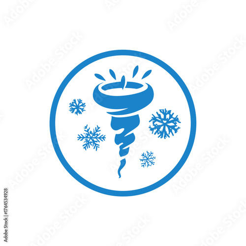 Blue cold vortex icon with swirling wind and snowflakes in a circle. Abstract symbol for winter weather, cooling, chilly temperatures, and frosty conditions.