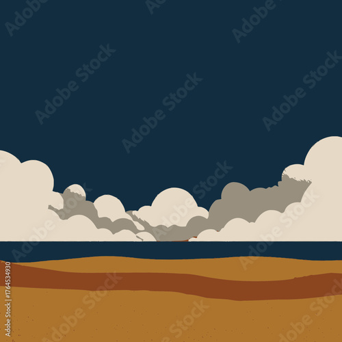 Minimalist abstract seascape illustration with dark blue sky, atmospheric clouds, ocean horizon, and sandy earth.