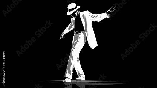 Dynamic black and white silhouette of a male dancer in a stylish suit and fedora hat, performing an iconic and elegant dance move on a stage