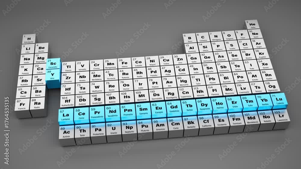 17 Rare earth elements in the periodic table of elements in Spanish with atomic number, symbol and name of all elements and blue color for rare earths. Tabla periódica de elementos, tierras raras