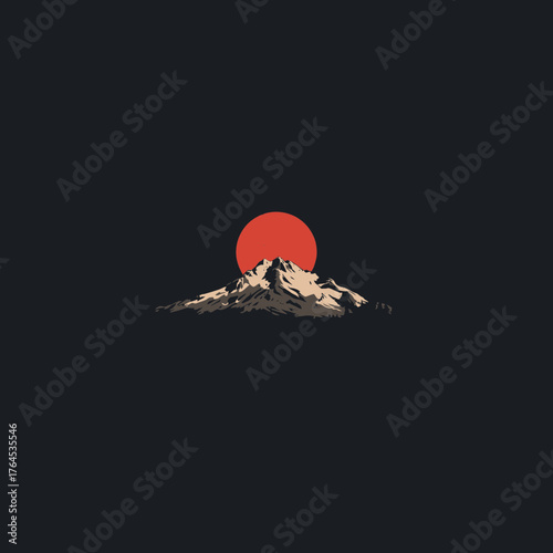 Minimalist graphic illustration of a snow-capped mountain peak with a big red sun rising or setting over a dark background, evoking a calm landscape.