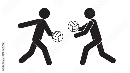 Stick figures playing volleyball simple black and white vector illustration for sports infographics isolated on white background
