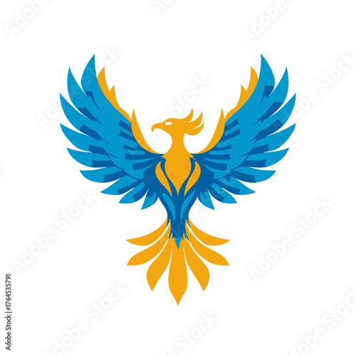 Modern stylized phoenix bird vector illustration. Mythical creature with spread wings in vibrant blue and golden yellow colors.