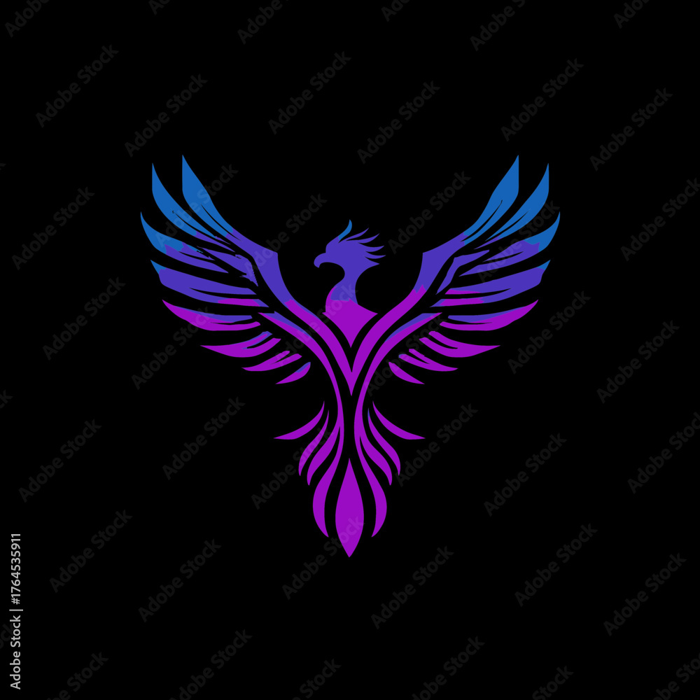 Fototapeta premium Vibrant Gradient Phoenix Bird Logo Illustration. Stylized Mythical Creature with Blue and Purple Wings, Representing Strength, Rebirth, and Power.