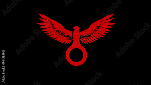 Stylized red phoenix or eagle symbol with spread wings above a ring, set against a stark black background, powerful graphic design.