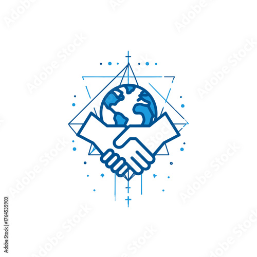 Global partnership icon with handshake and earth illustration for business collaboration and international cooperation concept
