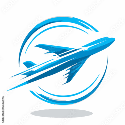Dynamic Blue Jet Plane Icon Taking Off with Speed Trails in a Circular Frame, Symbolizing Fast Travel and Global Aviation
