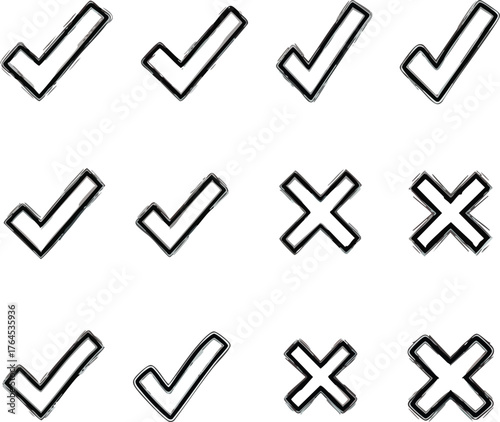Check marks and cross marks in a grid pattern for selection and rejection.