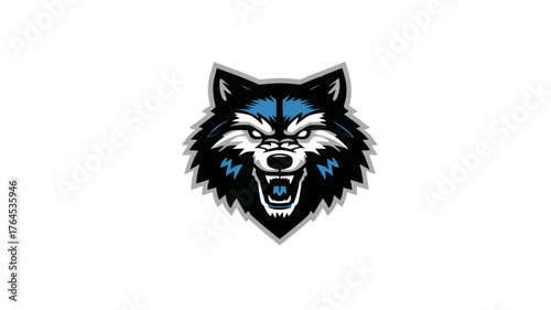 Fierce wolf head illustration with sharp teeth, stylized aggressive animal mascot emblem, wild canine graphic design