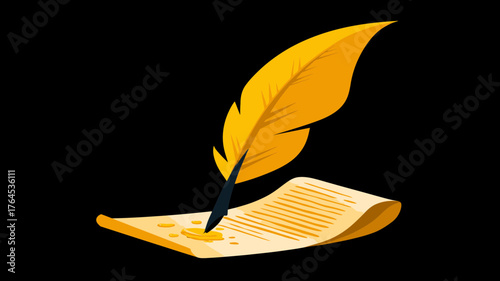 Golden quill pen writing on ancient parchment paper with ink, a symbolic illustration of literature, history, education, and creativity.