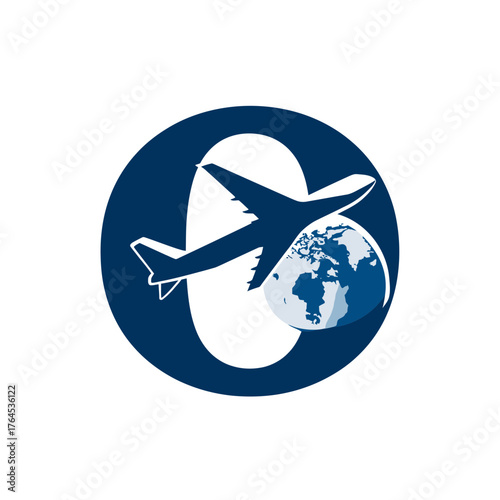 Modern graphic design of an airplane circling a world globe with a stylized letter O, representing global travel and logistics