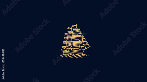 Golden sailing ship illustration on dark blue background, classic nautical marine vessel vector art, vintage style maritime design element