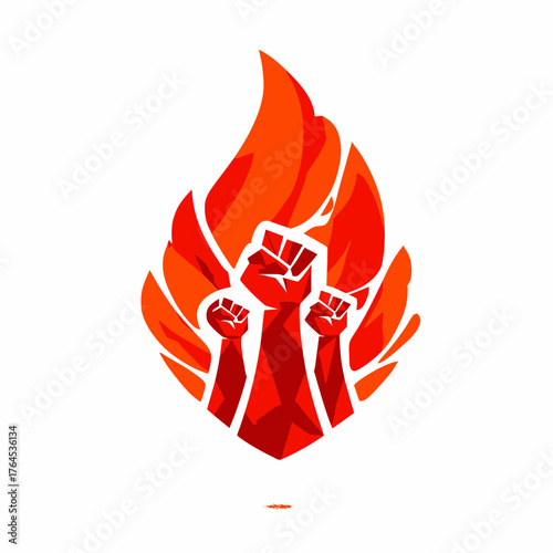 Dynamic graphic of multiple raised fists within a vibrant red and orange flame symbol, embodying power, protest, revolution, and determined strength.