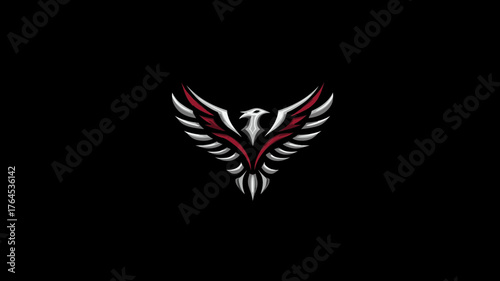 Modern stylized phoenix bird emblem with powerful spread wings. Graphic design against a sleek black background for strength, freedom, and rise concept.