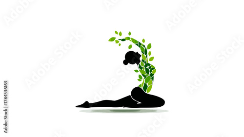 Woman yoga pose silhouette with green leaves, symbolizing nature, growth, and wellness. Eco-friendly health and spiritual balance concept.