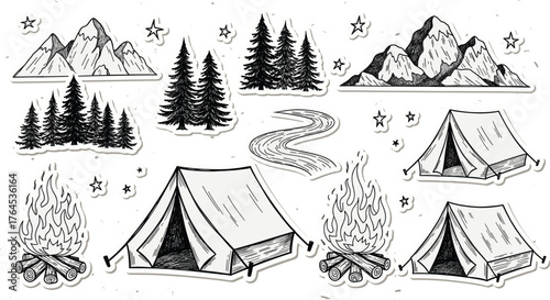 Hand-drawn black and white camping nature elements with tents, campfires, pine trees, mountains, stars, river path for outdoor design