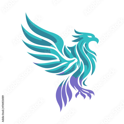 Majestic stylized phoenix bird vector illustration with vibrant teal and purple gradient. Abstract elegant design concept for power and freedom.