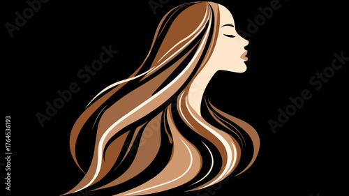 Elegant woman's profile with luxurious, flowing brown hair and highlights, beauty and fashion illustration.