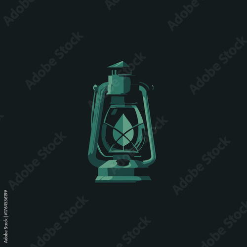 Stylized vintage oil kerosene lamp illustration on a dark background, showing a classic lantern with a glowing flame.