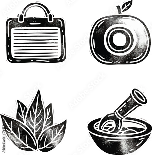 Hand carved linocut style icons of a bag apple leaves and mortar.
