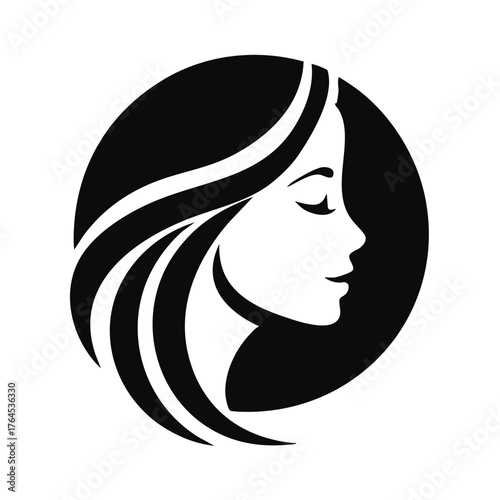 Black and white circular logo of a woman's profile with flowing hair silhouette