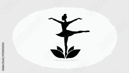 Graceful Ballerina Silhouette Balancing on a Lotus Flower. Minimalist Black and White Vector Illustration for Dance, Yoga, and Meditation.