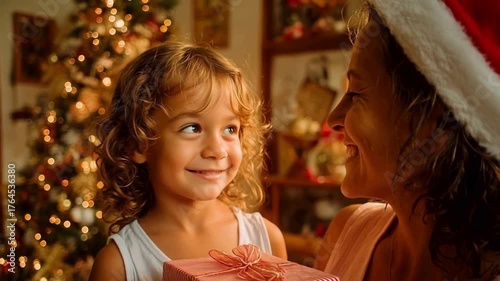 mother and daughter decorating christmas tree