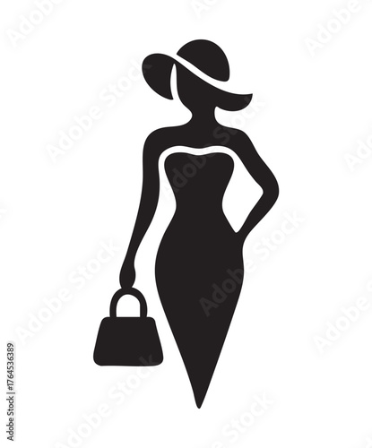Black Silhouette of Woman in Hat and Dress Holding Handbag Keywords: woman, silhouette, hat