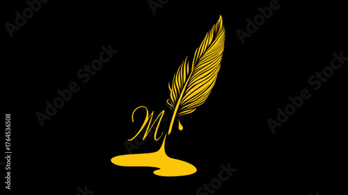 Elegant golden feather quill pen with a drop of liquid gold ink and stylish calligraphic letter M on a dark black background.