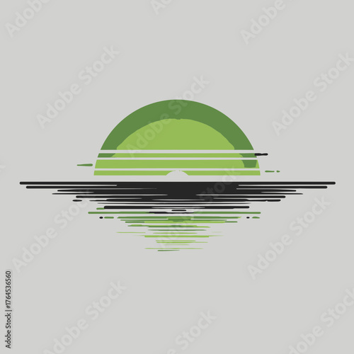 Geometric Green Sun and Horizon with Stylized Reflection on Grey Background, Minimalist Vector Design